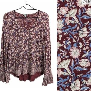 Lucky Brands Boho Pink Floral V Neck Blouse size  LARGE